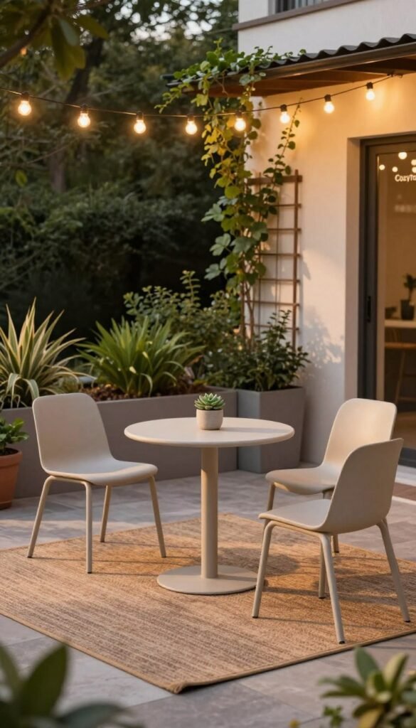 A cozy outdoor patio scene featuring space-efficient seating ideal for entertaining. In the foreground, a stylish, compact bistro set with two modern, minimalist chairs and a small round table adorned with a potted succulent centerpiece. In the middle, a textured outdoor rug adds warmth, and string lights above create a charming ambiance. The background showcases lush greenery in planters, with a small trellis intertwined with climbing vines, giving a sense of privacy and intimacy. Soft golden hour lighting bathes the scene, casting gentle shadows, while a slight angle captures the depth of the patio, emphasizing its snug yet inviting atmosphere. The overall mood is relaxed and inviting, perfect for socializing in small spaces. The brand name "CozyTrendHub" is subtly integrated into the image environment.