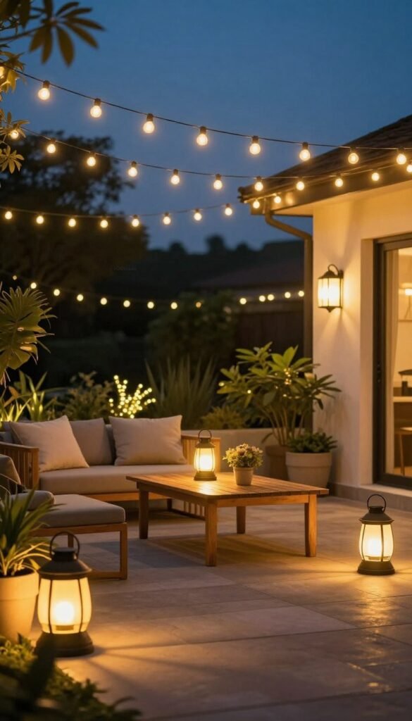 A cozy outdoor patio scene illuminated by various styles of outdoor lights suitable for summer evenings at home. In the foreground, feature elegant string lights draped overhead, casting a warm glow. In the middle, showcase different types of outdoor lighting&mdash;solar lanterns, LED pathway lights, and stylish wall sconces&mdash;arranged aesthetically on a wooden table with potted plants and outdoor cushions. In the background, depict a subtle twilight sky, enhancing the relaxed atmosphere, with soft bokeh effects from twinkling lights. Use a wide-angle lens to capture the warmth and inviting feel of the space, conveying a serene summer evening mood. Emphasize the brand name &ldquo;CozyTrendHub&rdquo; through the lighting design.