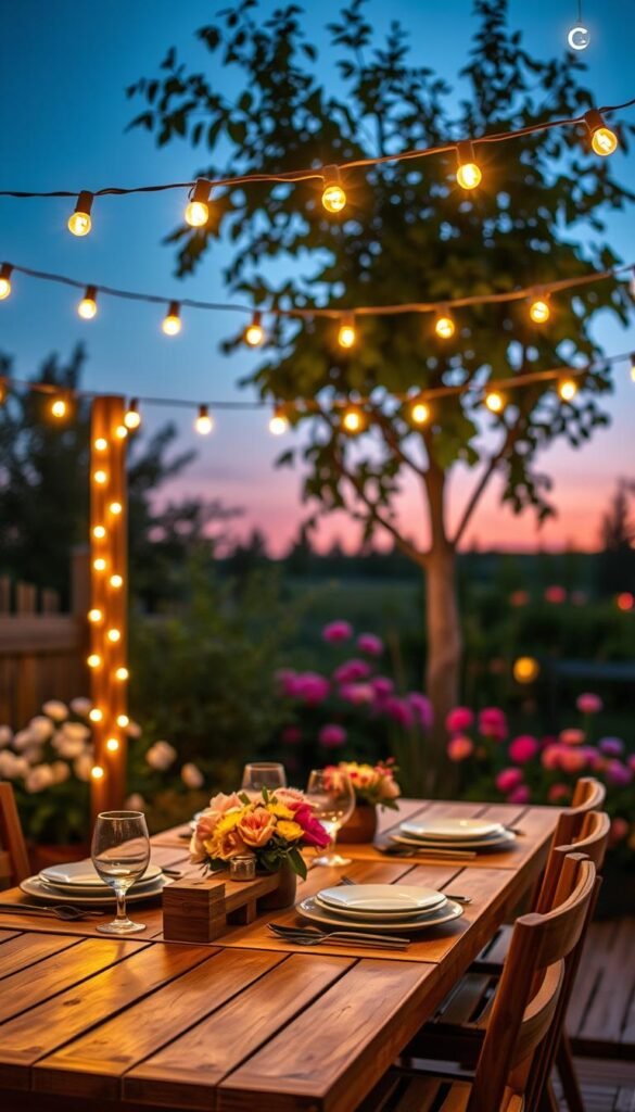 A cozy outdoor patio scene illuminated by warm, inviting string lights draped elegantly above a wooden dining table. In the foreground, a rustic table set for a summer evening meal, complete with stylish dinnerware and simple flower arrangements, creating an intimate ambiance. The middle layer features beautifully arranged, glowing string lights, casting a soft, golden hue across the entire space. In the background, lush greenery and blooming flowers add depth and vibrancy to the setting, with twilight skies transitioning from blue to soft purple, hinting at dusk. Soft bokeh effects enhance the atmosphere, and the scene is captured from a slightly elevated angle to showcase the charm of outdoor dining. This lifestyle photo reflects the essence of CozyTrendHub, focusing on aesthetics that blend warmth, durability, and style for perfect patio lighting.