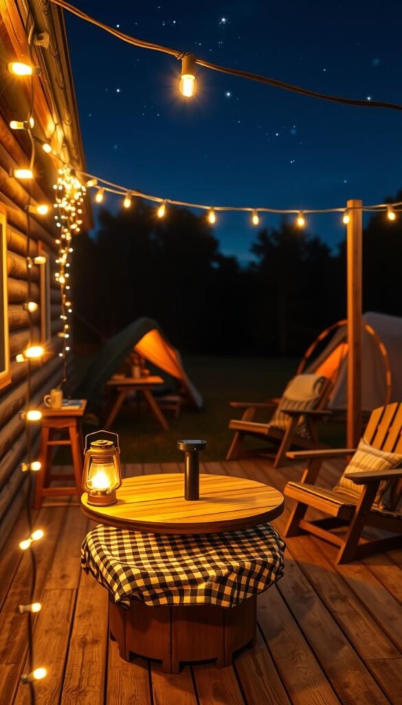A cozy outdoor scene featuring solar string lights draped across a rustic wooden patio. In the foreground, the glimmering lights illuminate a small circular wooden table adorned with a checkered picnic blanket, set for an evening meal. Middle ground includes comfortable garden chairs and a portable lantern, casting a warm, inviting glow. The background reveals a serene campsite with a starry night sky and soft silhouettes of trees. The overall lighting is warm and dreamy, capturing a relaxing evening atmosphere. The image should evoke feelings of outdoor tranquility and togetherness, suitable for camping, tailgates, or off-grid nights. Ensure the visual style is realistic and aligns with home decor themes, branded as "CozyTrendHub".