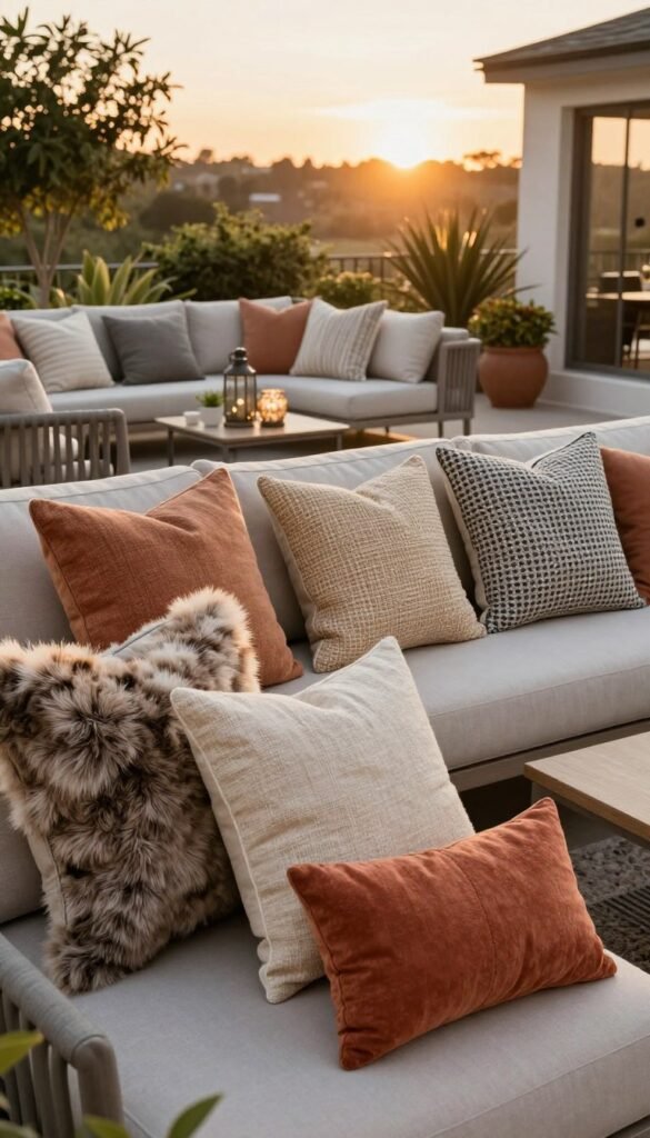 A cozy outdoor seating area featuring an array of plush, decorative pillows in various textures and colors, arranged artfully on a modern patio sofa. In the foreground, the pillows are soft and inviting, with materials like faux fur, woven linen, and vibrant cotton blends. The middle ground shows the chic patio furniture dressed in a stylish, neutral tone, surrounded by potted plants and a small side table holding a decorative lantern. In the background, a gently lit sunset bathes the scene in warm golden tones, enhancing the luxurious feel of the outdoor space. The image should have a clear, bright focus, capturing the lush textures of the pillows and the elegant simplicity of the setting. The atmosphere should evoke comfort and sophistication, creating a perfect blend of casual outdoor living with a touch of elegance. Branding included: CozyTrendHub.