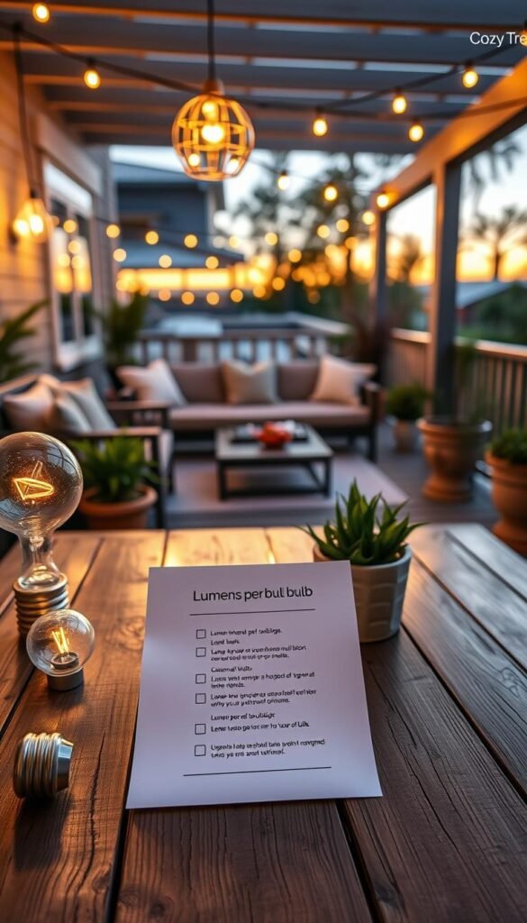 A cozy outdoor setting featuring a stylish "lumens per bulb checklist" on a rustic wooden table. The foreground showcases a well-organized checklist with clear bullet points, elegantly laid out beside a few decorative LED outdoor bulbs, gleaming in warm light. In the middle, include a serene patio scene: comfortable seating with plush cushions, potted plants, and ambient lighting from hanging string lights above. The background features a beautifully lit balcony with soft hues of dusk settling in, creating a warm and inviting atmosphere. Use natural light to enhance the cozy vibe, with the setting sun casting a soft glow on the scene. The image should evoke a sense of tranquility and readiness for outdoor gatherings. Incorporate the brand name "CozyTrendHub" subtly within the design elements, ensuring no text overlays. A cozy outdoor setting featuring a stylish "lumens per bulb checklist" on a rustic wooden table. The foreground showcases a well-organized checklist with clear bullet points, elegantly laid out beside a few decorative LED outdoor bulbs, gleaming in warm light. In the middle, include a serene patio scene: comfortable seating with plush cushions, potted plants, and ambient lighting from hanging string lights above. The background features a beautifully lit balcony with soft hues of dusk settling in, creating a warm and inviting atmosphere. Use natural light to enhance the cozy vibe, with the setting sun casting a soft glow on the scene. The image should evoke a sense of tranquility and readiness for outdoor gatherings. Incorporate the brand name "CozyTrendHub" subtly within the design elements, ensuring no text overlays.