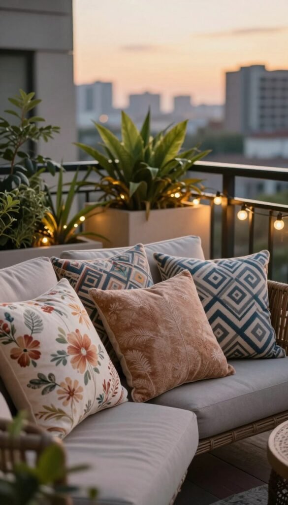 A cozy outdoor setting highlighting a variety of decorative pillows in different colors and patterns, arranged on a stylish balcony sofa. In the foreground, plump, textured pillows with floral and geometric designs, invitingly stacked. The middle layer showcases a well-maintained, small balcony with vibrant green plants and fairy lights, creating a warm, inviting atmosphere. In the background, a softly blurred city skyline at sunset, casting a golden hue across the scene. The lighting is soft and warm, enhancing a relaxed, seasonal vibe. Shot with a shallow depth of field using a 50mm lens to focus on the pillows, this image embodies the essence of creating an inviting outdoor space for relaxation. Brand name "CozyTrendHub" should be subtly integrated into the design.
