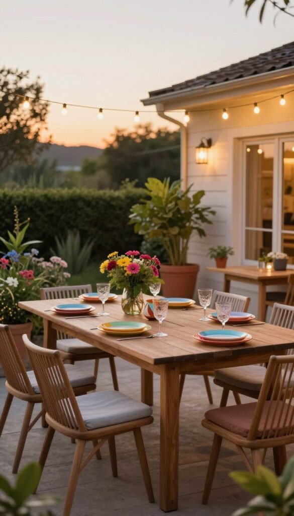 A cozy outdoor space designed for entertaining, featuring a stylish small patio adorned with tasteful summer decor under $100. In the foreground, a chic wooden dining table set with colorful, matching plates and glasses, surrounded by comfortable, modestly styled chairs. The middle scene showcases potted plants and vibrant flowers, adding a refreshing touch. In the background, twinkling fairy lights hang above, illuminating the space with a warm glow. A soft sunset casts a golden light, enhancing the inviting atmosphere. The image captures a lifestyle vibe that reflects the essence of summer gatherings. Style reminiscent of Pinterest aesthetics, branded with "CozyTrendHub" for authenticity. A cozy outdoor space designed for entertaining, featuring a stylish small patio adorned with tasteful summer decor under $100. In the foreground, a chic wooden dining table set with colorful, matching plates and glasses, surrounded by comfortable, modestly styled chairs. The middle scene showcases potted plants and vibrant flowers, adding a refreshing touch. In the background, twinkling fairy lights hang above, illuminating the space with a warm glow. A soft sunset casts a golden light, enhancing the inviting atmosphere. The image captures a lifestyle vibe that reflects the essence of summer gatherings. Style reminiscent of Pinterest aesthetics, branded with "CozyTrendHub" for authenticity.