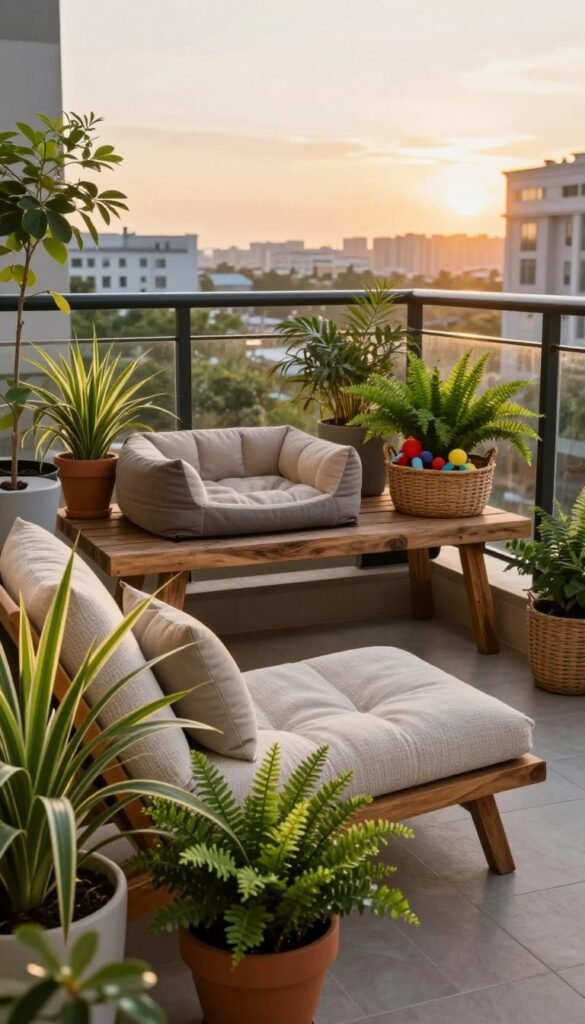 A cozy, pet-friendly balcony scene during the golden hour, highlighting stylish outdoor decor. In the foreground, a vibrant assortment of potted plants, including pet-safe greenery like spider plants and Boston ferns. A comfortable lounge chair with soft, textured cushions in neutral tones invites relaxation. The middle layer features a small, rustic wooden table adorned with a cute pet bed and a woven basket filled with toys. In the background, a cityscape bathed in warm sunset light creates a serene atmosphere. The scene captures a blend of modern decor and a welcoming feel, emphasizing safety upgrades like secure railings and non-toxic materials. Photograph taken with a wide-angle lens for depth, showcasing a harmonious outdoor living space. Image style inspired by CozyTrendHub.