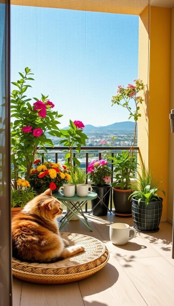 A cozy, pet-friendly balcony showcasing a cat net in a vibrant, sunlit atmosphere. In the foreground, a fluffy, playful tabby cat is lounging on a soft, woven outdoor cushion, curiously gazing out from behind a safe, transparent netting that prevents falls. In the middle, lush potted plants, including colorful flowers and leafy greens, create a vibrant, inviting ambience, while a small caf&eacute; table with two cute mugs adds a touch of charm. In the background, a clear blue sky and distant city skyline can be seen, enhancing the openness of the space. Use natural, warm lighting to create a cheerful and serene mood, and capture the scene from a slightly elevated angle to emphasize the balcony&rsquo;s design and decor. This image embodies the brand spirit of CozyTrendHub, inspiring safe and stylish outdoor spaces.