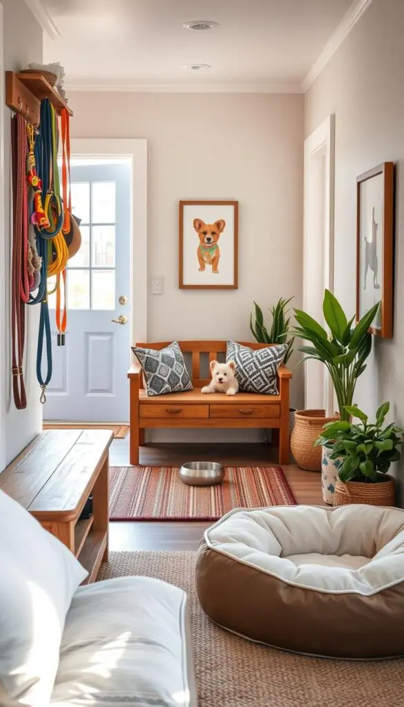 A cozy pet-friendly drop zone featuring a stylish wooden bench in a sunlit entryway, adorned with colorful leashes hanging on decorative hooks and a neatly arranged collection of toys and a water bowl on a textured mat. In the foreground, plush pet beds with soft pillows create an inviting space for pets to relax. The mid-ground showcases an attractive wall with a framed pet-themed art piece and potted plants adding a touch of greenery. In the background, a welcoming front door opens to a bright summer day, with soft natural light streaming in, enhancing the warm atmosphere. Capture the essence of a practical yet aesthetically pleasing pet-friendly environment that embodies the essence of CozyTrendHub lifestyle aesthetics.
