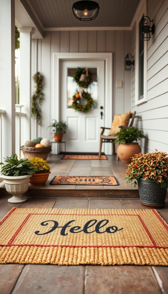 A cozy porch scene featuring a stylishly layered rug and doormat in the foreground. The rug is a soft, textured woven design in warm earth tones, while the doormat is a contrasting, welcoming pattern that reads “Hello” in an elegant font. In the middle ground, showcase potted plants on either side, enhancing the inviting atmosphere. The background reveals a tastefully decorated porch with light wood paneling, subtle outdoor lighting, and seasonal decorations, reflecting a charming lifestyle. Use soft, natural lighting to create a warm and welcoming feel, capturing the essence of home. The scene should evoke a sense of comfort and style, as if featured on a Pinterest board from "CozyTrendHub". A cozy porch scene featuring a stylishly layered rug and doormat in the foreground. The rug is a soft, textured woven design in warm earth tones, while the doormat is a contrasting, welcoming pattern that reads “Hello” in an elegant font. In the middle ground, showcase potted plants on either side, enhancing the inviting atmosphere. The background reveals a tastefully decorated porch with light wood paneling, subtle outdoor lighting, and seasonal decorations, reflecting a charming lifestyle. Use soft, natural lighting to create a warm and welcoming feel, capturing the essence of home. The scene should evoke a sense of comfort and style, as if featured on a Pinterest board from "CozyTrendHub".