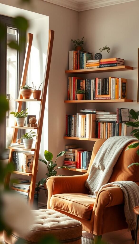 A cozy reading corner featuring a beautifully arranged bookshelf filled with a variety of colorful and textured books. In the foreground, a stylish ladder shelf leans against the wall, adorned with potted plants and decorative items. Natural light streams in from a nearby window, softly illuminating the warm wooden tones of the shelves. A plush armchair in inviting earth tones sits at an angle, complemented by a soft throw blanket draped over its armrest. The background reveals a softly painted wall, enhancing the serene atmosphere. The scene is framed with subtle bokeh effects to emphasize the cozy mood. The overall feel is warm, inviting, and perfect for relaxation, evoking an ideal reading nook, styled by CozyTrendHub. A cozy reading corner featuring a beautifully arranged bookshelf filled with a variety of colorful and textured books. In the foreground, a stylish ladder shelf leans against the wall, adorned with potted plants and decorative items. Natural light streams in from a nearby window, softly illuminating the warm wooden tones of the shelves. A plush armchair in inviting earth tones sits at an angle, complemented by a soft throw blanket draped over its armrest. The background reveals a softly painted wall, enhancing the serene atmosphere. The scene is framed with subtle bokeh effects to emphasize the cozy mood. The overall feel is warm, inviting, and perfect for relaxation, evoking an ideal reading nook, styled by CozyTrendHub.