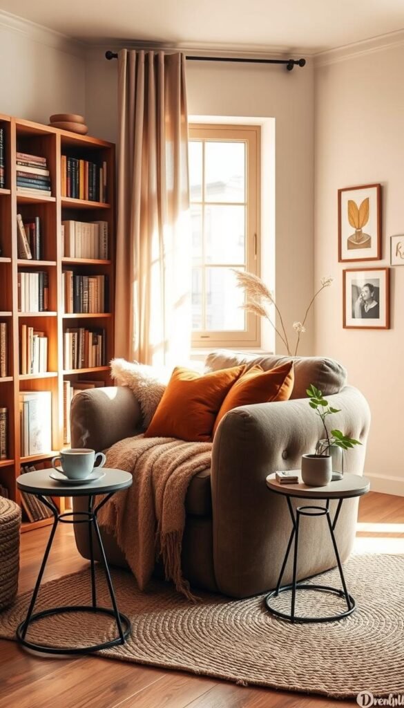 A cozy reading corner featuring a plush, oversized armchair adorned with soft throw pillows in warm earth tones. The chair is positioned near a tall, wooden bookshelf filled with books and decorative items. A small round side table holds a steaming cup of tea and a small potted plant. Natural light filters in through a large window, casting a gentle glow across the scene. The background showcases a soft, woven rug that complements the decor, and a serene, neutral-toned wall decorated with art prints. The overall atmosphere is inviting and serene, perfect for relaxing. This image embodies the essence of "CozyTrendHub" style, capturing the warmth and charm of a well-decorated reading space. A cozy reading corner featuring a plush, oversized armchair adorned with soft throw pillows in warm earth tones. The chair is positioned near a tall, wooden bookshelf filled with books and decorative items. A small round side table holds a steaming cup of tea and a small potted plant. Natural light filters in through a large window, casting a gentle glow across the scene. The background showcases a soft, woven rug that complements the decor, and a serene, neutral-toned wall decorated with art prints. The overall atmosphere is inviting and serene, perfect for relaxing. This image embodies the essence of "CozyTrendHub" style, capturing the warmth and charm of a well-decorated reading space.