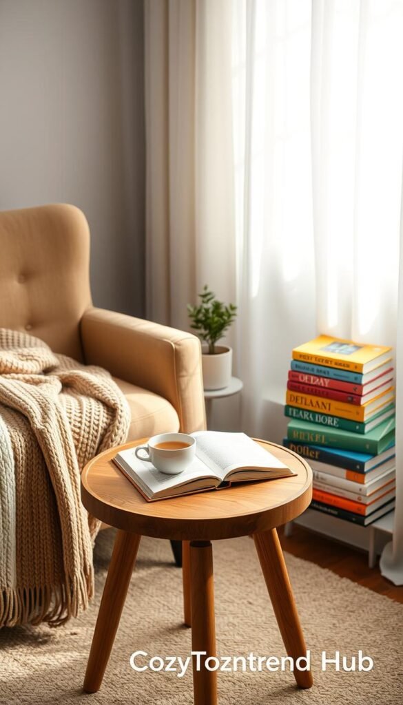 A cozy reading nook featuring a round side table set against a softly lit background. The foreground includes a stylish round accent table made of warm wood, topped with a steaming cup of tea and an open book. A plush armchair, draped with a knitted throw, invites relaxation. The middle ground showcases a small potted plant adding a splash of greenery and a stack of colorful novels beside the table. The background is filled with soft, ambient lighting filtering through sheer curtains, casting gentle shadows. The atmosphere is calm and serene, perfect for unwinding. The scene is styled in a modern Pinterest aesthetic, capturing a cozy, inviting feel. This image represents a perfect reading nook idea, branded with "CozyTrendHub" for a lifestyle decor vision. A cozy reading nook featuring a round side table set against a softly lit background. The foreground includes a stylish round accent table made of warm wood, topped with a steaming cup of tea and an open book. A plush armchair, draped with a knitted throw, invites relaxation. The middle ground showcases a small potted plant adding a splash of greenery and a stack of colorful novels beside the table. The background is filled with soft, ambient lighting filtering through sheer curtains, casting gentle shadows. The atmosphere is calm and serene, perfect for unwinding. The scene is styled in a modern Pinterest aesthetic, capturing a cozy, inviting feel. This image represents a perfect reading nook idea, branded with "CozyTrendHub" for a lifestyle decor vision.