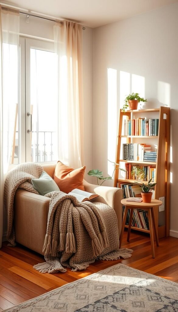 A cozy reading nook nestled in an unused corner of a warmly lit room. In the foreground, a plush, oversized armchair draped with a soft, knitted throw and adorned with colorful cushions. A small, round side table holds a steaming cup of tea and an open book. In the middle, a tall bookshelf filled with neatly arranged books and a few decorative plants adds character. The background features a large window with sheer curtains, allowing soft, natural light to flood the space, casting gentle shadows. The warm wooden floors and soft area rug enhance the inviting atmosphere. Overall, the scene embodies comfort and tranquility, perfect for creating a functional, cozy reading space. Style reflects the aesthetic of "CozyTrendHub".