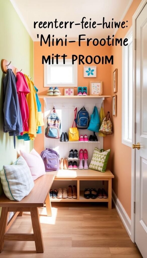 A cozy, renter-friendly entryway featuring a &ldquo;mini mudroom&rdquo; setup designed for kids' coats, shoes, and backpacks. In the foreground, include a stylish wooden bench adorned with soft cushions and a few colorful, neatly hung coats on hooks above. The middle area showcases a well-organized shoe rack filled with various children's shoes and neatly placed backpacks. The background reveals bright, inviting walls painted in warm pastel tones, with a few cheerful wall art pieces. Soft, natural lighting streams in through a nearby window, illuminating the space and creating a welcoming atmosphere. The scene encapsulates a blend of functionality and warmth, perfect for family organization. The image embodies the essence of cozy, stylish home decor as seen on CozyTrendHub.
