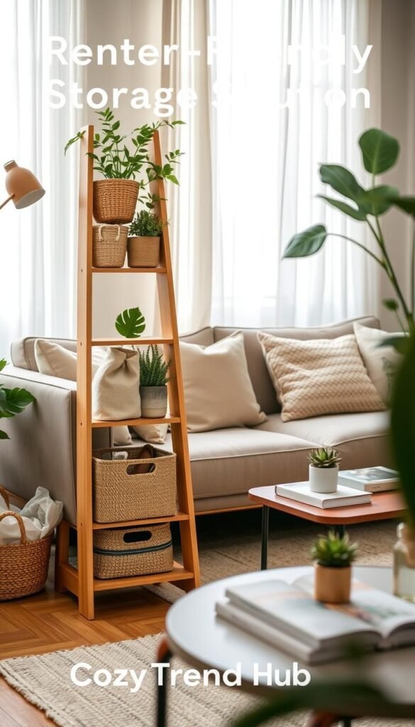 A cozy, renter-friendly storage solution scene showcasing a stylish, minimalist living space. In the foreground, a small, wooden ladder shelf holds an assortment of plastic-free organizing items, like woven baskets, cloth storage bags, and plants, all reflecting a neat and organized aesthetic. The middle ground features a trendy, neutral-toned couch adorned with cushions, and a coffee table with books and a small succulent. In the background, a window with sheer curtains allows soft, natural light to fill the room, creating a warm atmosphere. The color palette includes earthy tones and pops of greenery. Capture this scene in a soft, close-up angle, imbuing it with a lifestyle vibe typical of Pinterest aesthetics. Brand recognition for "CozyTrendHub" subtly integrated within the decor, enhancing the inviting feel of the space. A cozy, renter-friendly storage solution scene showcasing a stylish, minimalist living space. In the foreground, a small, wooden ladder shelf holds an assortment of plastic-free organizing items, like woven baskets, cloth storage bags, and plants, all reflecting a neat and organized aesthetic. The middle ground features a trendy, neutral-toned couch adorned with cushions, and a coffee table with books and a small succulent. In the background, a window with sheer curtains allows soft, natural light to fill the room, creating a warm atmosphere. The color palette includes earthy tones and pops of greenery. Capture this scene in a soft, close-up angle, imbuing it with a lifestyle vibe typical of Pinterest aesthetics. Brand recognition for "CozyTrendHub" subtly integrated within the decor, enhancing the inviting feel of the space.