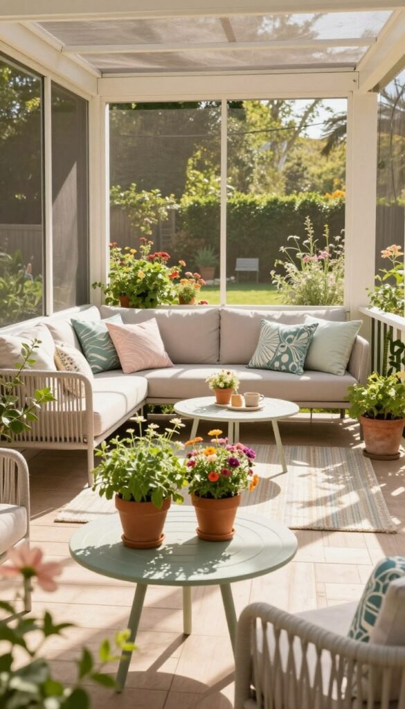 A cozy screened balcony designed for summer, featuring light, airy decor in soft pastel colors. In the foreground, a small, stylish outdoor table set for two, adorned with potted herbs and colorful summer flowers. The middle layer showcases a spacious screened-in area with comfortable, modern outdoor furniture, including a plush sofa and decorative cushions, all surrounded by transparent netting to keep bugs at bay. The background reveals a lush garden scene, filled with greenery and blooming plants, bathed in warm, natural sunlight. The mood is serene and inviting, perfect for summer relaxation. Capture this scene in a Pinterest-style lifestyle photograph, showcasing the essence of outdoor living without any distractions. Brand styling: CozyTrendHub.