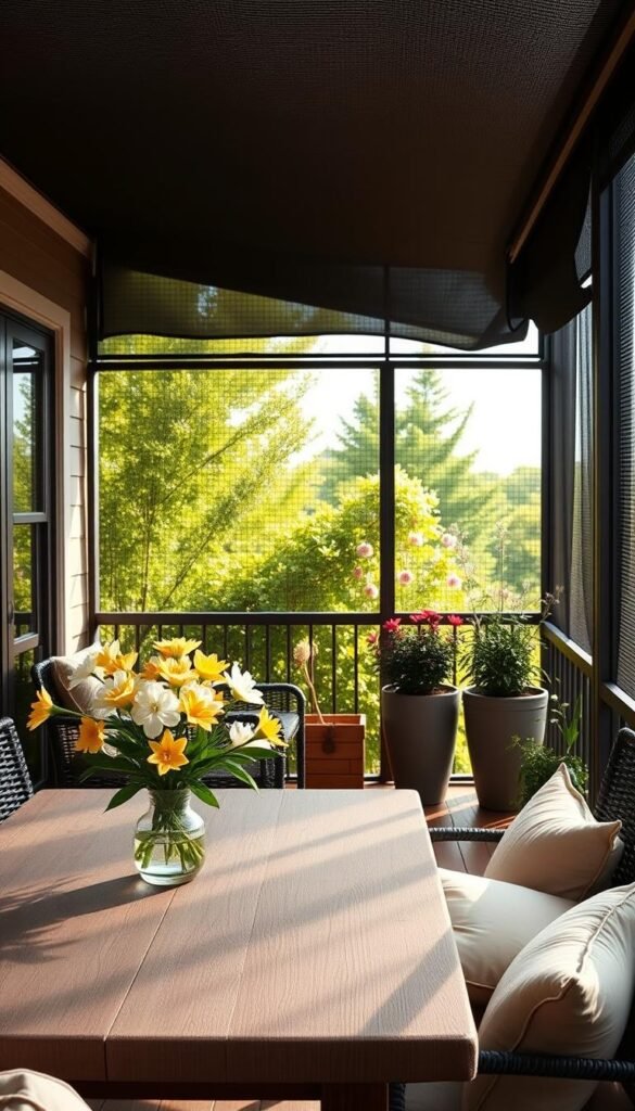 A cozy, screened-in balcony featuring stylish outdoor furniture, ideal for seasonal use. In the foreground, a wooden dining table with a neutral-colored tablecloth and cheerful spring flowers in a vase. Scattered cushions add pops of color. In the middle ground, the mesh screening allows natural light to filter in, creating a warm atmosphere. The background reveals lush greenery and blooming plants just outside the screened area, enhancing the serene setting. Soft, diffused lighting mimics a late afternoon sun, casting gentle shadows. The overall mood is inviting and relaxing, perfect for small spaces, styled in a Pinterest-worthy decor aesthetic. Focus on the theme of bug control and comfort, embodying the essence of "CozyTrendHub."