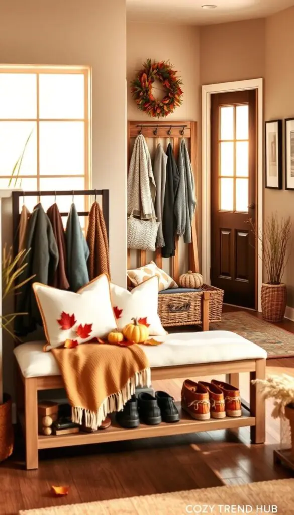 A cozy, seasonal drop zone for home entry, featuring a well-organized space that reflects the beauty of autumn. In the foreground, a stylish bench with plush cushions sits adorned with a warm throw blanket and neatly arranged seasonal decor, such as small pumpkins and colorful leaves. In the middle, a rustic wooden coat rack displays jackets and scarves, while a woven basket holds footwear tidily. The background showcases a softly lit entryway, with large windows letting in warm, golden sunlight, enhancing the inviting atmosphere. The walls are painted in soothing, earthy tones, and seasonal artwork is hung tastefully. The overall mood is warm, welcoming, and organized, embodying a Pinterest-inspired lifestyle that inspires simplicity and care for the home. Image by CozyTrendHub.