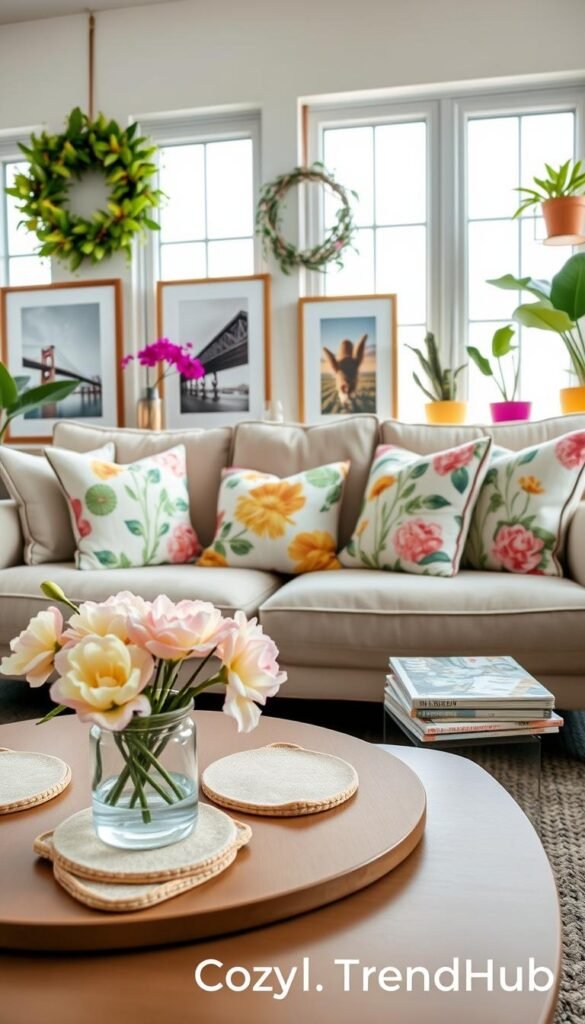 A cozy shared living room decorated for spring, showcasing roommate-approved decor ideas. In the foreground, a beautifully arranged coffee table adorned with pastel-colored flowers in a simple vase, light fabric coasters, and a stack of trendy magazines. In the middle, a plush, neutral-toned couch with colorful throw pillows featuring floral patterns. On the wall, framed artwork of spring landscapes and a bright, leafy wreath hanging over the couch. The background features large windows, letting in soft, natural light, creating a warm, inviting atmosphere. Plants in vibrant pots add a touch of greenery. The overall mood is cheerful and refreshing, perfect for shared spaces. Shot with a wide-angle lens to capture the room&rsquo;s ambiance, branded as &ldquo;CozyTrendHub.&rdquo;