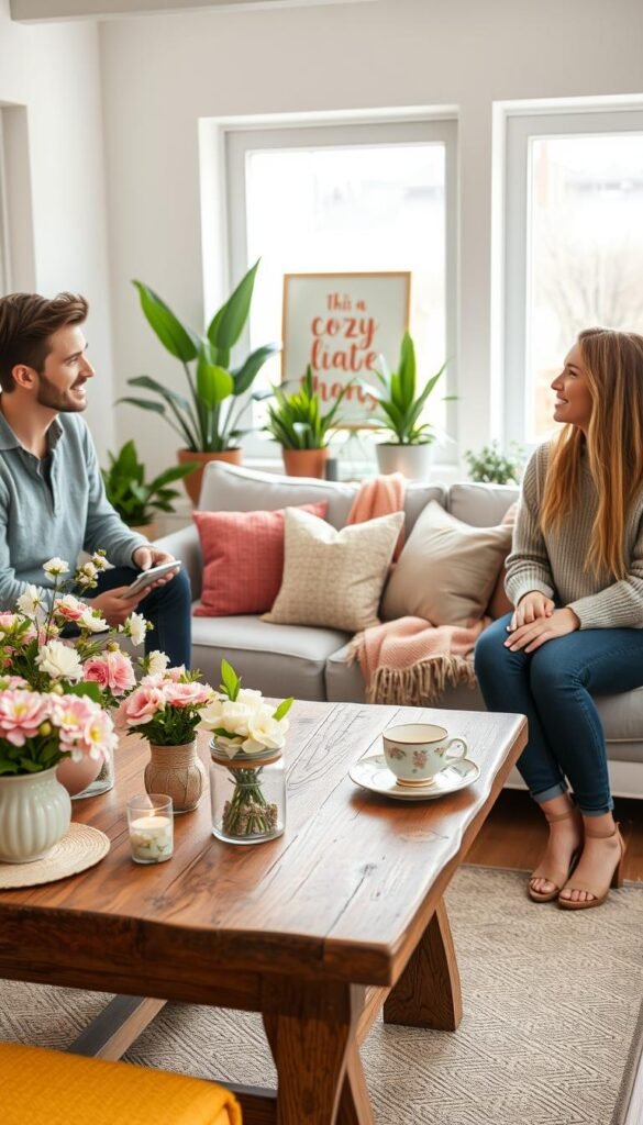 A cozy, shared living space decorated for spring with fresh florals and vibrant colors, showcasing a discussion between two young adults in smart-casual clothing about cost-sharing for decor. In the foreground, a rustic wooden table is adorned with pastel-colored flower arrangements, decorative pillows, and spring-themed tableware. In the middle, a stylish sofa features a mix of throw blankets and cushions, showcasing different styles representing individual tastes. The background reveals soft, natural light streaming through large windows, illuminating green potted plants and a cheerful, seasonal wall art piece. The atmosphere is friendly and collaborative, reflecting a shared commitment to enhancing their home together. The overall composition should evoke a sense of warmth and creativity, embodying the spirit of spring decor. Incorporate the brand name "CozyTrendHub" subtly in the decor.