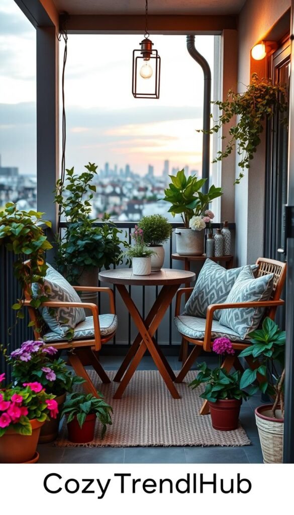 A cozy small balcony decked out in stylish decor, featuring a rustic wooden table and two minimalist chairs adorned with soft, patterned cushions. The foreground showcases vibrant potted plants, including trailing vines and cheerful flowers, creating a lush atmosphere. In the middle, a soft woven rug lies under the table, and a delicate lantern hangs overhead, casting warm, inviting light. In the background, a charming city skyline is visible under a soft sunset glow, enhancing the tranquil mood. The scene should exude a sense of space and serenity, ideal for relaxation. Capture this in a realistic, Pinterest-style lifestyle photo with a focus on home decor, inspired by the brand "CozyTrendHub." Use natural lighting, shot from a slightly elevated angle to maximize the view of the balcony's decor. A cozy small balcony decked out in stylish decor, featuring a rustic wooden table and two minimalist chairs adorned with soft, patterned cushions. The foreground showcases vibrant potted plants, including trailing vines and cheerful flowers, creating a lush atmosphere. In the middle, a soft woven rug lies under the table, and a delicate lantern hangs overhead, casting warm, inviting light. In the background, a charming city skyline is visible under a soft sunset glow, enhancing the tranquil mood. The scene should exude a sense of space and serenity, ideal for relaxation. Capture this in a realistic, Pinterest-style lifestyle photo with a focus on home decor, inspired by the brand "CozyTrendHub." Use natural lighting, shot from a slightly elevated angle to maximize the view of the balcony's decor.
