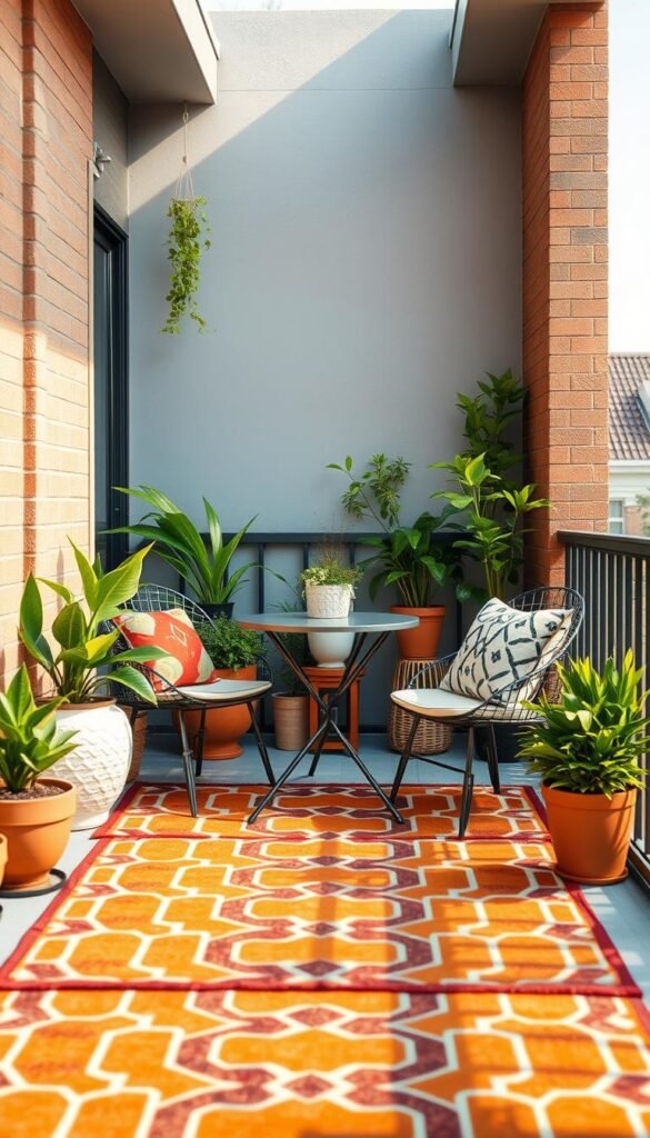 A cozy small balcony featuring a vibrant outdoor rug that adds warmth to the space. The rug has a bold geometric pattern in earthy tones, harmonizing with potted plants and decorative cushions. In the foreground, the rug occupies the center, surrounded by a small, stylish cafe table and two chairs, creating an inviting atmosphere. The middle layer showcases lush green plants in various pots, adding life and color. In the background, a soft sky blue hints at a clear day, with subtle sunlight casting gentle shadows, enhancing the peaceful mood. This image embodies a chic, modern lifestyle with a focus on space-saving design. Brand name: CozyTrendHub. A cozy small balcony featuring a vibrant outdoor rug that adds warmth to the space. The rug has a bold geometric pattern in earthy tones, harmonizing with potted plants and decorative cushions. In the foreground, the rug occupies the center, surrounded by a small, stylish cafe table and two chairs, creating an inviting atmosphere. The middle layer showcases lush green plants in various pots, adding life and color. In the background, a soft sky blue hints at a clear day, with subtle sunlight casting gentle shadows, enhancing the peaceful mood. This image embodies a chic, modern lifestyle with a focus on space-saving design. Brand name: CozyTrendHub.