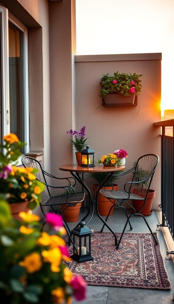 A cozy small balcony scene, featuring a stylish bistro table with two elegant chairs, surrounded by potted plants and flowers in vibrant colors. In the foreground, include a decorative rug and a small lantern casting a warm, inviting glow. The middle shows a compact vertical garden on one wall, enhancing the greenery and freshness. In the background, a soft sunset sky creates a tranquil atmosphere, with the sun’s rays gently illuminating the space. The composition should evoke a sense of relaxation and charm, suitable for evening gatherings. Use a natural light setting with a slight depth of field to focus on the balcony. Capture this image in a Pinterest-style lifestyle photograph, branded "CozyTrendHub". A cozy small balcony scene, featuring a stylish bistro table with two elegant chairs, surrounded by potted plants and flowers in vibrant colors. In the foreground, include a decorative rug and a small lantern casting a warm, inviting glow. The middle shows a compact vertical garden on one wall, enhancing the greenery and freshness. In the background, a soft sunset sky creates a tranquil atmosphere, with the sun’s rays gently illuminating the space. The composition should evoke a sense of relaxation and charm, suitable for evening gatherings. Use a natural light setting with a slight depth of field to focus on the balcony. Capture this image in a Pinterest-style lifestyle photograph, branded "CozyTrendHub".