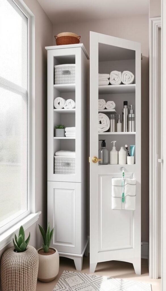 A cozy small bathroom design showcasing an elegant cabinet storage solution. In the foreground, a narrow, stylish bathroom cabinet with a glossy white finish is neatly organized with open shelves displaying space-saving bins, rolled towels, and neatly stacked toiletries. On the cabinet door, a practical holder keeps essential items like toothbrushes and makeup brushes within reach. The middle ground features subtle decorative elements like potted succulents and a patterned rug, enhancing warmth. In the background, soft natural light filters through a frosted window, casting a gentle glow across the space. The overall atmosphere exudes a serene, organized vibe, perfect for maximizing small areas. Capture this scene in a realistic, Pinterest-style photography with a 35mm lens, emphasizing comfort and style. Brand name: CozyTrendHub.
