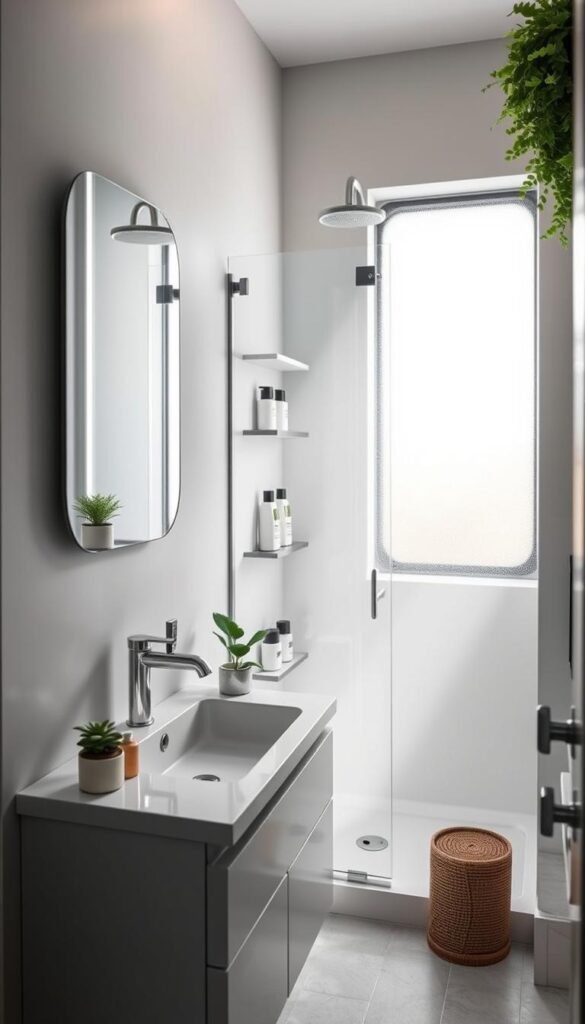 A cozy small bathroom featuring elegant design elements from CozyTrendHub, focusing on space-saving solutions. In the foreground, a sleek, wall-mounted vanity with a white sink and mirror above, adorned with minimalist decor like small potted plants and stylish soap dispensers. In the middle, a compact shower with clear glass doors and beautiful tile work, complemented by strategically placed shelves holding neatly arranged toiletries. The background shows soft, natural lighting flooding in from a frosted window, creating a warm and inviting atmosphere. The overall color scheme is calming grays and whites, with touches of greenery. The image captures an aspirational yet practical space, ideal for small bathroom inspiration.