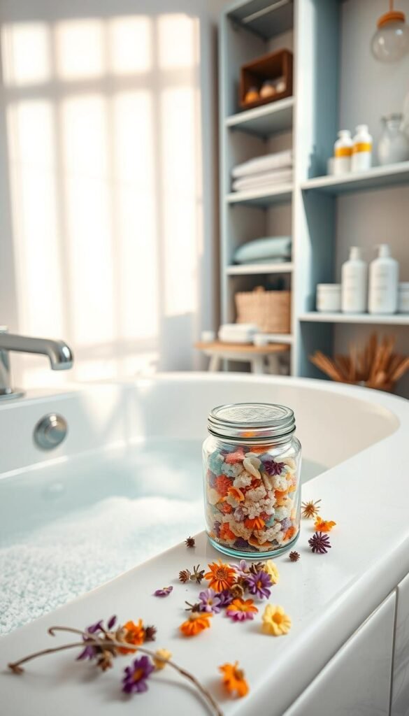A cozy small bathroom setting featuring a "small bath mix" on the edge of a bathtub filled with warm water. In the foreground, display a beautiful glass jar filled with colorful bath salts and some dried flowers scattered around. The middle ground showcasing the bath with steam rising gently, hinting at the warmth of the water. The background should have light pastel-colored walls and stylish shelving with neatly arranged small bathroom organizers, adding to the clutter-free aesthetic. Use soft, natural lighting to create a warm and inviting atmosphere. The angle should capture a slight overhead view, emphasizing the serene and organized look. This image should evoke a sense of tranquility and relaxation, perfect for a lifestyle article. Brand name: CozyTrendHub. A cozy small bathroom setting featuring a "small bath mix" on the edge of a bathtub filled with warm water. In the foreground, display a beautiful glass jar filled with colorful bath salts and some dried flowers scattered around. The middle ground showcasing the bath with steam rising gently, hinting at the warmth of the water. The background should have light pastel-colored walls and stylish shelving with neatly arranged small bathroom organizers, adding to the clutter-free aesthetic. Use soft, natural lighting to create a warm and inviting atmosphere. The angle should capture a slight overhead view, emphasizing the serene and organized look. This image should evoke a sense of tranquility and relaxation, perfect for a lifestyle article. Brand name: CozyTrendHub.