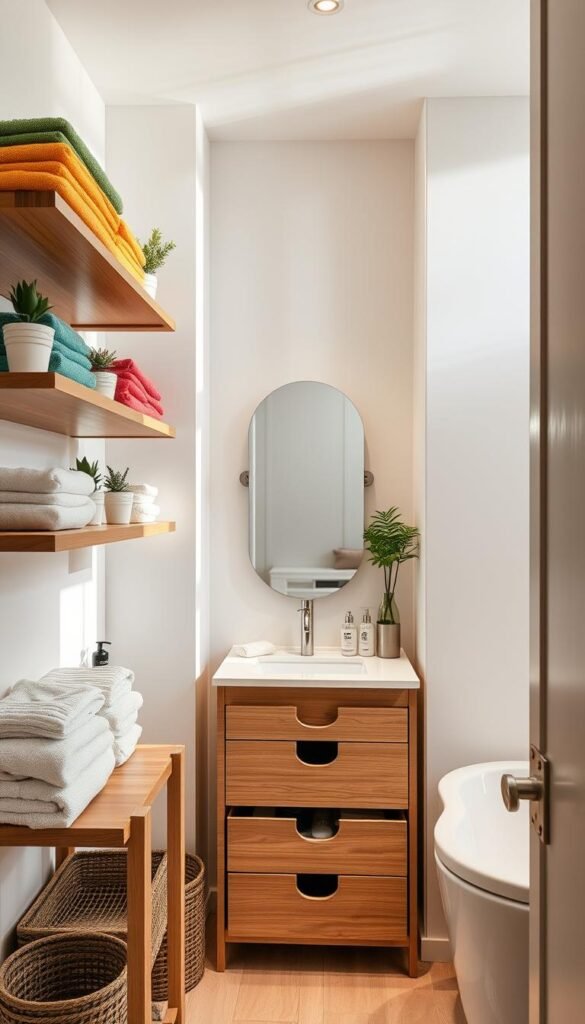 A cozy, small bathroom showcasing efficient storage solutions, designed in a modern minimalist style. In the foreground, neatly arranged wooden shelves hold colorful folded towels, small potted plants, and decorative jars filled with toiletries. The middle layer features a compact vanity with a stylish mirror and organized drawer space, showcasing neatly stacked cosmetics and bathroom essentials. In the background, a small tub is framed by soft, ambient lighting, creating a warmth that complements the overall decor. The scene embodies a serene, organized atmosphere, perfect for maximizing space in an apartment bathroom. Use natural light to highlight the textures and colors, and capture the image from a slightly elevated angle. This lifestyle photo should reflect the brand aesthetic of "CozyTrendHub". A cozy, small bathroom showcasing efficient storage solutions, designed in a modern minimalist style. In the foreground, neatly arranged wooden shelves hold colorful folded towels, small potted plants, and decorative jars filled with toiletries. The middle layer features a compact vanity with a stylish mirror and organized drawer space, showcasing neatly stacked cosmetics and bathroom essentials. In the background, a small tub is framed by soft, ambient lighting, creating a warmth that complements the overall decor. The scene embodies a serene, organized atmosphere, perfect for maximizing space in an apartment bathroom. Use natural light to highlight the textures and colors, and capture the image from a slightly elevated angle. This lifestyle photo should reflect the brand aesthetic of "CozyTrendHub".