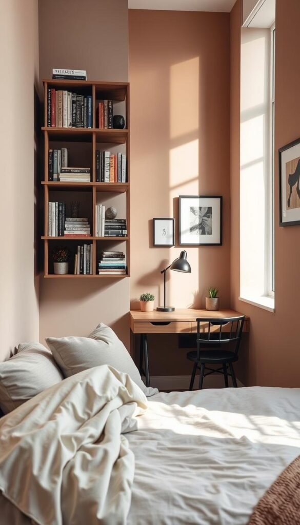 A cozy small bedroom alcove featuring a neatly made bed with soft, neutral-colored linens and a plush throw blanket. The foreground showcases a unique wall-mounted bookshelf filled with books and decorative items, creating a charming focal point. In the middle, an inviting corner desk with a stylish lamp and potted plant adds functionality to the space. The background displays a warm, pastel-colored wall adorned with framed artwork, enhancing the sense of personalization. Soft, natural light filters through a nearby window, casting gentle shadows that create a serene atmosphere. The scene embodies a Pinterest-style lifestyle photo, reflecting smart space-saving ideas. Ideal for home decor inspiration. CozyTrendHub. A cozy small bedroom alcove featuring a neatly made bed with soft, neutral-colored linens and a plush throw blanket. The foreground showcases a unique wall-mounted bookshelf filled with books and decorative items, creating a charming focal point. In the middle, an inviting corner desk with a stylish lamp and potted plant adds functionality to the space. The background displays a warm, pastel-colored wall adorned with framed artwork, enhancing the sense of personalization. Soft, natural light filters through a nearby window, casting gentle shadows that create a serene atmosphere. The scene embodies a Pinterest-style lifestyle photo, reflecting smart space-saving ideas. Ideal for home decor inspiration. CozyTrendHub.