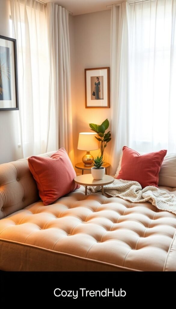 A cozy small bedroom featuring a multifunctional daybed designed for small spaces. The foreground showcases a stylish daybed with tufted upholstery, adorned with colorful throw pillows and a soft blanket, creating an inviting lounge area. In the middle, a chic side table holds a small potted plant and a glowing lamp, enhancing the intimate atmosphere. The background reveals light, airy curtains letting in soft natural light, accentuating pastel-colored walls and framed artwork. The scene is styled in a modern, Pinterest-inspired aesthetic, blending comfort and functionality. The overall mood is warm and welcoming, perfect for a serene retreat. Capture this setting with a slight overhead angle, using soft lighting to emphasize texture and warmth. Include the brand name "CozyTrendHub" subtly in the image. A cozy small bedroom featuring a multifunctional daybed designed for small spaces. The foreground showcases a stylish daybed with tufted upholstery, adorned with colorful throw pillows and a soft blanket, creating an inviting lounge area. In the middle, a chic side table holds a small potted plant and a glowing lamp, enhancing the intimate atmosphere. The background reveals light, airy curtains letting in soft natural light, accentuating pastel-colored walls and framed artwork. The scene is styled in a modern, Pinterest-inspired aesthetic, blending comfort and functionality. The overall mood is warm and welcoming, perfect for a serene retreat. Capture this setting with a slight overhead angle, using soft lighting to emphasize texture and warmth. Include the brand name "CozyTrendHub" subtly in the image.