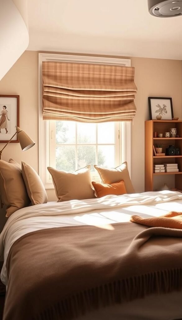 A cozy small bedroom featuring elegant Roman shades that elegantly reduce window bulk, allowing natural light to softly filter in. The foreground includes a neatly made bed adorned with plush pillows and a stylish throw blanket, showcasing earthy tones. In the middle, the Roman shades are beautifully gathered, displaying a subtle texture and a calming pattern that complements the overall design. The background features tasteful wall art and a small bookshelf filled with curated decor items, enhancing the serene atmosphere. The scene is bathed in warm, diffused sunlight, casting gentle shadows. The overall mood is inviting and tranquil, ideal for a snug retreat, reflecting the essence of modern home decor as seen on CozyTrendHub. A cozy small bedroom featuring elegant Roman shades that elegantly reduce window bulk, allowing natural light to softly filter in. The foreground includes a neatly made bed adorned with plush pillows and a stylish throw blanket, showcasing earthy tones. In the middle, the Roman shades are beautifully gathered, displaying a subtle texture and a calming pattern that complements the overall design. The background features tasteful wall art and a small bookshelf filled with curated decor items, enhancing the serene atmosphere. The scene is bathed in warm, diffused sunlight, casting gentle shadows. The overall mood is inviting and tranquil, ideal for a snug retreat, reflecting the essence of modern home decor as seen on CozyTrendHub.