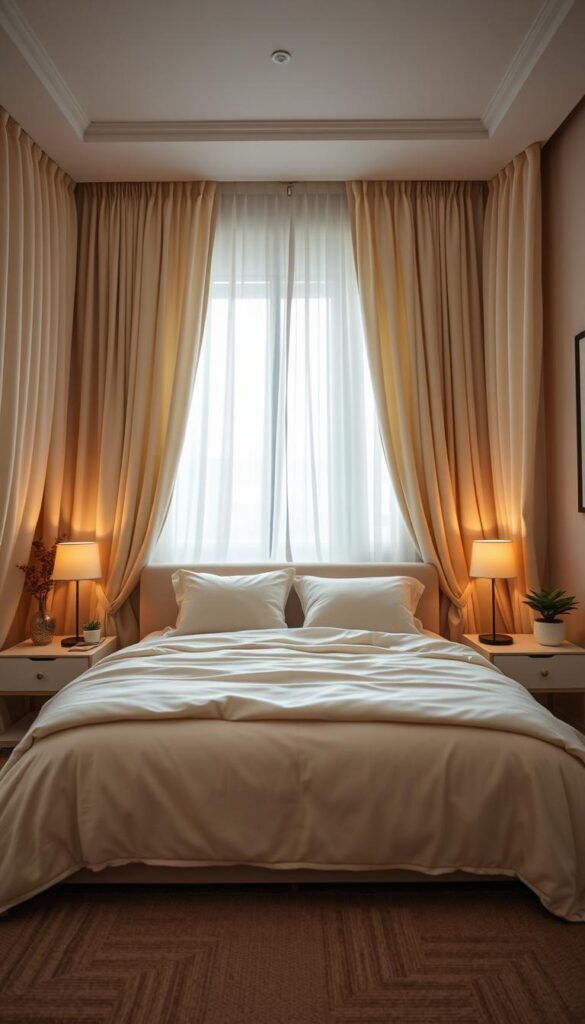 A cozy small bedroom featuring full-width drapery behind the bed, creating a cocoon-like ambience. In the foreground, a plush, neatly made bed centered with soft neutral bedding. Layers of luxurious, flowing curtains in a cream color cascade from ceiling to floor, softly framing the bed. The middle ground includes stylish nightstands with decorative lamps and small potted plants, enhancing the peaceful atmosphere. In the background, a softly lit window allows natural light to wash over the room, creating a warm glow. Use a wide-angle lens to capture the cozy layout from a low angle, emphasizing depth. The mood is tranquil and inviting, perfect for relaxation. Inspired by Pinterest aesthetics, styled by CozyTrendHub. A cozy small bedroom featuring full-width drapery behind the bed, creating a cocoon-like ambience. In the foreground, a plush, neatly made bed centered with soft neutral bedding. Layers of luxurious, flowing curtains in a cream color cascade from ceiling to floor, softly framing the bed. The middle ground includes stylish nightstands with decorative lamps and small potted plants, enhancing the peaceful atmosphere. In the background, a softly lit window allows natural light to wash over the room, creating a warm glow. Use a wide-angle lens to capture the cozy layout from a low angle, emphasizing depth. The mood is tranquil and inviting, perfect for relaxation. Inspired by Pinterest aesthetics, styled by CozyTrendHub.