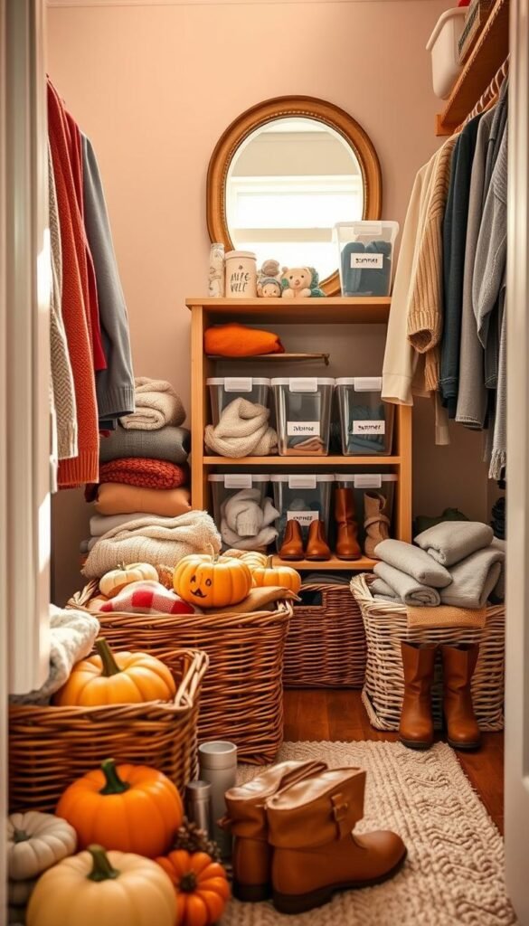 A cozy small closet organized for seasonal storage, featuring neatly folded sweaters, scarves, and boots arranged in wicker baskets. The foreground displays a vibrant autumnal color palette with earthy tones, highlighting a few decorative pumpkins. In the middle, a wooden shelf holds lightweight summer clothing stored in clear bins labeled for easy access. The background showcases pastel-colored walls and a tasteful mirror reflecting warm natural light streaming through a nearby window. A soft rug beneath adds texture and warmth, creating a comforting atmosphere. This Pinterest-style image by CozyTrendHub conveys an inviting and efficient seasonal closet setup, perfect for maximizing space in small closets. The lighting is soft and warm, enhancing the cozy vibe.
