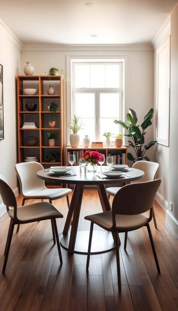 A cozy small dining room designed for optimal movement, featuring a sleek round table surrounded by minimalist chairs to enhance space. The foreground highlights a tasteful table setting with elegant tableware and a small, vibrant centerpiece of fresh flowers. In the middle ground, a stylish open shelving unit displays curated decor items and plants, creating an airy feel. The background showcases a large window allowing soft, natural light to flood in, illuminating pale-colored walls and wooden flooring. The atmosphere is warm and inviting, emphasizing a blend of functionality and aesthetic appeal. The scene should mimic a perfect Pinterest-style lifestyle photo, embodying the theme of “Best Decor for Small Spaces That Feels Open.” Shot with a 50mm lens and soft focus for depth. Ideal for CozyTrendHub. A cozy small dining room designed for optimal movement, featuring a sleek round table surrounded by minimalist chairs to enhance space. The foreground highlights a tasteful table setting with elegant tableware and a small, vibrant centerpiece of fresh flowers. In the middle ground, a stylish open shelving unit displays curated decor items and plants, creating an airy feel. The background showcases a large window allowing soft, natural light to flood in, illuminating pale-colored walls and wooden flooring. The atmosphere is warm and inviting, emphasizing a blend of functionality and aesthetic appeal. The scene should mimic a perfect Pinterest-style lifestyle photo, embodying the theme of “Best Decor for Small Spaces That Feels Open.” Shot with a 50mm lens and soft focus for depth. Ideal for CozyTrendHub.