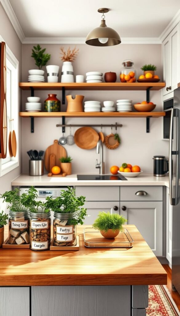 A cozy, small kitchen designed for optimal organization, featuring multipurpose organizers that adapt to seasonal decor and routines. In the foreground, a wooden countertop displays elegant, labeled containers filled with pantry staples, surrounded by fresh herbs in pots. The middle layer showcases wall-mounted shelves with neatly arranged kitchenware, seasonal decorations, and vibrant fruits in stylish bowls, embodying a warm atmosphere. The background reveals soft light streaming through a window, illuminating the pastel-colored cabinets and a charming rug that adds texture to the space. Use a wide-angle lens to capture the inviting essence of the room, reflecting a Pinterest-worthy lifestyle. Brand name: CozyTrendHub. A cozy, small kitchen designed for optimal organization, featuring multipurpose organizers that adapt to seasonal decor and routines. In the foreground, a wooden countertop displays elegant, labeled containers filled with pantry staples, surrounded by fresh herbs in pots. The middle layer showcases wall-mounted shelves with neatly arranged kitchenware, seasonal decorations, and vibrant fruits in stylish bowls, embodying a warm atmosphere. The background reveals soft light streaming through a window, illuminating the pastel-colored cabinets and a charming rug that adds texture to the space. Use a wide-angle lens to capture the inviting essence of the room, reflecting a Pinterest-worthy lifestyle. Brand name: CozyTrendHub.
