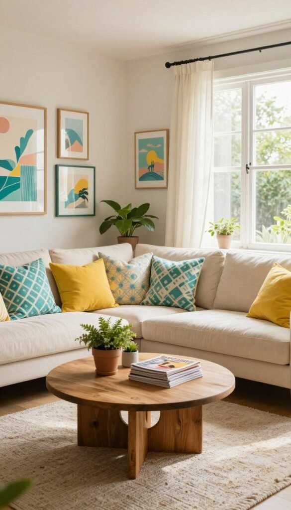A cozy small living room designed for summer, featuring a light, airy atmosphere. In the foreground, a stylish, soft cream sofa adorned with vibrant, patterned throw pillows in shades of teal and yellow. A round coffee table made of reclaimed wood sits on a textured area rug, topped with a few green potted plants and a stack of colorful magazines. In the middle, a vibrant gallery wall with framed artwork and a large, bright window letting in warm natural light. The background showcases airy sheer curtains fluttering in the breeze. The mood is inviting and fresh, emphasizing a cheerful summer decor. Use natural lighting, shot with a wide-angle lens to capture the entire space, avoiding clutter. The final image embodies chic summer vibes for small living areas, presented by CozyTrendHub.