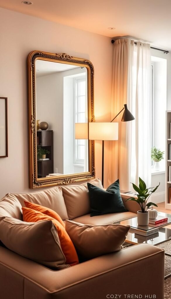 A cozy small living room designed to maximize comfort, showcasing mirrors and reflective decor that create the illusion of a bigger, brighter space. In the foreground, a stylish, soft-textured sofa with colorful throw pillows invites relaxation. The middle ground features a large, elegantly framed wall mirror reflecting warm ambient lighting from a stylish floor lamp. Bright, airy curtains gently flutter by an open window, enhancing the sunlight pouring in. On a nearby coffee table, a few curated decorative items and a plant add warmth and life. The background hints at a well-organized bookshelf and light walls, accentuating the spacious feel. The overall atmosphere is inviting and cheerful, embodying a Pinterest-style home decor aesthetic. Shot in soft natural light, with a slightly elevated angle to emphasize spaciousness. Styled by CozyTrendHub.