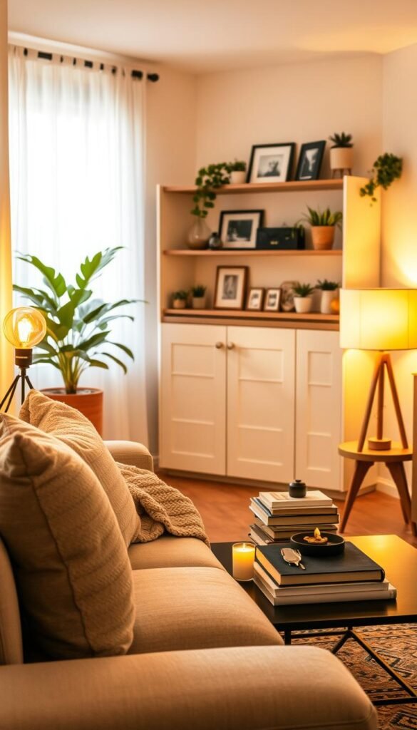 A cozy small living room featuring warm, intentional lighting that enhances the space without overcrowding. In the foreground, a stylish, plush sofa is adorned with neutral-toned throw pillows and a soft, knitted blanket. The middle ground showcases a chic, minimalist coffee table with carefully arranged books and a scented candle, surrounded by soft, ambient light from vintage-style lamps with warm bulbs. The background reveals tastefully decorated shelves with indoor plants, art, and personal mementos, bathed in a gentle, golden glow. Use natural light coming through sheer curtains to create an inviting ambiance, capturing a Pinterest-worthy lifestyle scene. Shot from a slightly elevated angle for a comprehensive view, this image embodies the essence of aesthetic decor for small spaces. Brand name: CozyTrendHub. A cozy small living room featuring warm, intentional lighting that enhances the space without overcrowding. In the foreground, a stylish, plush sofa is adorned with neutral-toned throw pillows and a soft, knitted blanket. The middle ground showcases a chic, minimalist coffee table with carefully arranged books and a scented candle, surrounded by soft, ambient light from vintage-style lamps with warm bulbs. The background reveals tastefully decorated shelves with indoor plants, art, and personal mementos, bathed in a gentle, golden glow. Use natural light coming through sheer curtains to create an inviting ambiance, capturing a Pinterest-worthy lifestyle scene. Shot from a slightly elevated angle for a comprehensive view, this image embodies the essence of aesthetic decor for small spaces. Brand name: CozyTrendHub.
