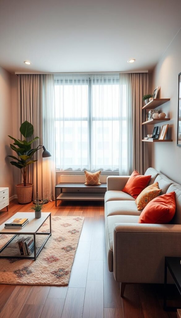 A cozy small living room with a stylish and functional design, featuring a light grey sectional sofa adorned with colorful throw pillows, positioned in the foreground. On the left, a minimalist coffee table with decorative books and a small potted plant adds charm. In the middle, a soft area rug defines the space, while a sleek floor lamp illuminates the corner. Against the wall, floating shelves display carefully curated decor items, adding personality without clutter. The background features a large window with sheer curtains, allowing natural light to flood the room, creating an airy atmosphere. Soft, warm lighting throughout enhances the inviting feel. The overall aesthetic reflects modern decor trends, incorporating smart solutions for awkward layouts. This room embodies the essence of "CozyTrendHub" with a Pinterest-worthy lifestyle appeal, inviting relaxation and creativity. A cozy small living room with a stylish and functional design, featuring a light grey sectional sofa adorned with colorful throw pillows, positioned in the foreground. On the left, a minimalist coffee table with decorative books and a small potted plant adds charm. In the middle, a soft area rug defines the space, while a sleek floor lamp illuminates the corner. Against the wall, floating shelves display carefully curated decor items, adding personality without clutter. The background features a large window with sheer curtains, allowing natural light to flood the room, creating an airy atmosphere. Soft, warm lighting throughout enhances the inviting feel. The overall aesthetic reflects modern decor trends, incorporating smart solutions for awkward layouts. This room embodies the essence of "CozyTrendHub" with a Pinterest-worthy lifestyle appeal, inviting relaxation and creativity.