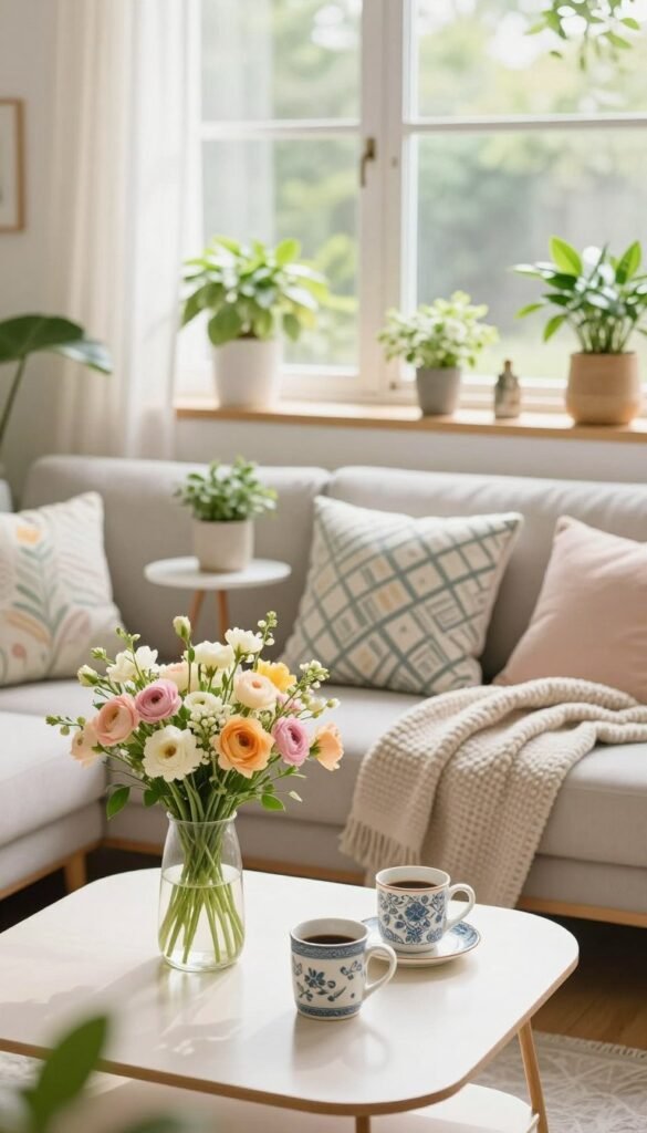 A cozy small living space adorned with fresh spring decor, featuring a light pastel color palette. In the foreground, a stylish and neatly arranged coffee table showcasing a bouquet of blooming flowers, a soft textured throw blanket, and artisanal coffee mugs. The middle layer reveals a compact but chic sofa, accompanied by patterned cushions and a small, elegant side table holding a decorative plant. The background displays a sunlit window with sheer curtains, allowing natural light to filter in, highlighting the vibrant green plants on the window sill. The atmosphere is bright, cheerful, and inviting, radiating spring freshness. Captured with a soft-focus lens to enhance warmth and serenity. Designed for a Pinterest-style aesthetic with the brand name "CozyTrendHub" subtly implied. A cozy small living space adorned with fresh spring decor, featuring a light pastel color palette. In the foreground, a stylish and neatly arranged coffee table showcasing a bouquet of blooming flowers, a soft textured throw blanket, and artisanal coffee mugs. The middle layer reveals a compact but chic sofa, accompanied by patterned cushions and a small, elegant side table holding a decorative plant. The background displays a sunlit window with sheer curtains, allowing natural light to filter in, highlighting the vibrant green plants on the window sill. The atmosphere is bright, cheerful, and inviting, radiating spring freshness. Captured with a soft-focus lens to enhance warmth and serenity. Designed for a Pinterest-style aesthetic with the brand name "CozyTrendHub" subtly implied.
