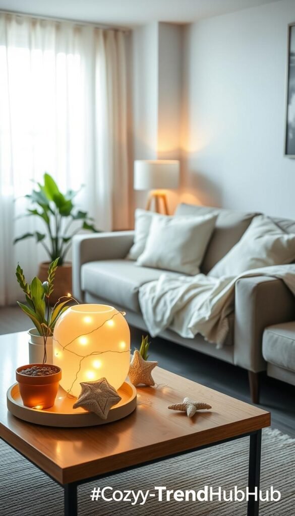 A cozy small living space beautifully adorned with "micro-upgrades light" for a vibrant summer vibe. In the foreground, a stylish, minimalist coffee table features a few potted plants, sea-themed decor, and a softly glowing decorative light with ethereal strings of fairy lights entwined. In the middle ground, a sleek, modern sofa draped with light, airy summer cushions invites relaxation. The background showcases a bright window with sheer curtains filtering soft sunlight, casting a warm, inviting glow across the room. The overall atmosphere is fresh, light, and uplifting, embodying a seasonal essence of summer comfort and warmth. Ideal for a Pinterest-style lifestyle photo, branded with "CozyTrendHub" to inspire small space decor ideas. A cozy small living space beautifully adorned with "micro-upgrades light" for a vibrant summer vibe. In the foreground, a stylish, minimalist coffee table features a few potted plants, sea-themed decor, and a softly glowing decorative light with ethereal strings of fairy lights entwined. In the middle ground, a sleek, modern sofa draped with light, airy summer cushions invites relaxation. The background showcases a bright window with sheer curtains filtering soft sunlight, casting a warm, inviting glow across the room. The overall atmosphere is fresh, light, and uplifting, embodying a seasonal essence of summer comfort and warmth. Ideal for a Pinterest-style lifestyle photo, branded with "CozyTrendHub" to inspire small space decor ideas.