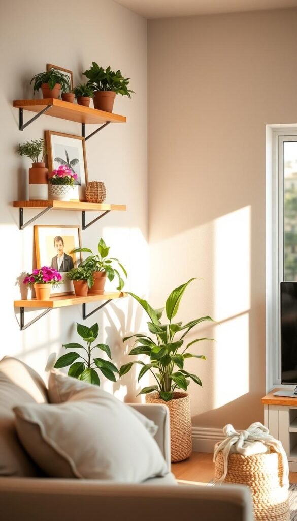 A cozy small living space featuring stylish wall shelving storage that maximizes vertical space without cluttering the floor. In the foreground, natural wood shelves are adorned with vibrant summer decor, such as potted plants, framed artwork, and colorful books. The middle ground showcases a neutral-color accent wall, adding warmth and a modern touch, while soft, diffused daylight filters in through a nearby window, creating inviting shadows. In the background, hints of minimalistic furniture and decorative elements like woven baskets emphasize a tidy yet welcoming atmosphere. Shot in a warm, airy style, focusing on balance and harmony, capturing the essence of summer decor for small spaces. Ideal for a Pinterest-style aesthetic by CozyTrendHub. A cozy small living space featuring stylish wall shelving storage that maximizes vertical space without cluttering the floor. In the foreground, natural wood shelves are adorned with vibrant summer decor, such as potted plants, framed artwork, and colorful books. The middle ground showcases a neutral-color accent wall, adding warmth and a modern touch, while soft, diffused daylight filters in through a nearby window, creating inviting shadows. In the background, hints of minimalistic furniture and decorative elements like woven baskets emphasize a tidy yet welcoming atmosphere. Shot in a warm, airy style, focusing on balance and harmony, capturing the essence of summer decor for small spaces. Ideal for a Pinterest-style aesthetic by CozyTrendHub.