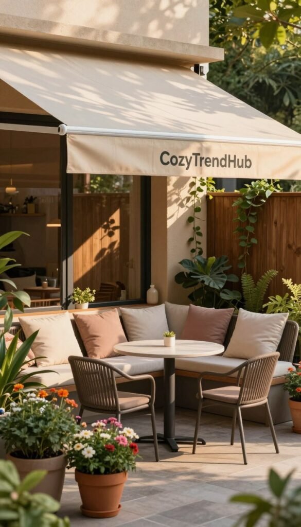 A cozy small patio scene designed for shade and comfort, featuring a stylish retractable awning casting dappled sunlight across the space. In the foreground, potted plants with vibrant flowers create a welcoming atmosphere, while a small bistro table with two chairs sits invitingly underneath the awning. The middle ground showcases a tasteful arrangement of outdoor cushions in soft, muted tones that harmonize with the decor. In the background, a wooden fence adorned with climbing vines provides additional greenery and privacy. The lighting is soft and warm, simulating a late afternoon glow. Capture this scene with a slightly elevated angle to emphasize the use of space and the smart design. The overall mood is inviting and tranquil, perfect for relaxing moments. Reflect the brand "CozyTrendHub" in the decor style.