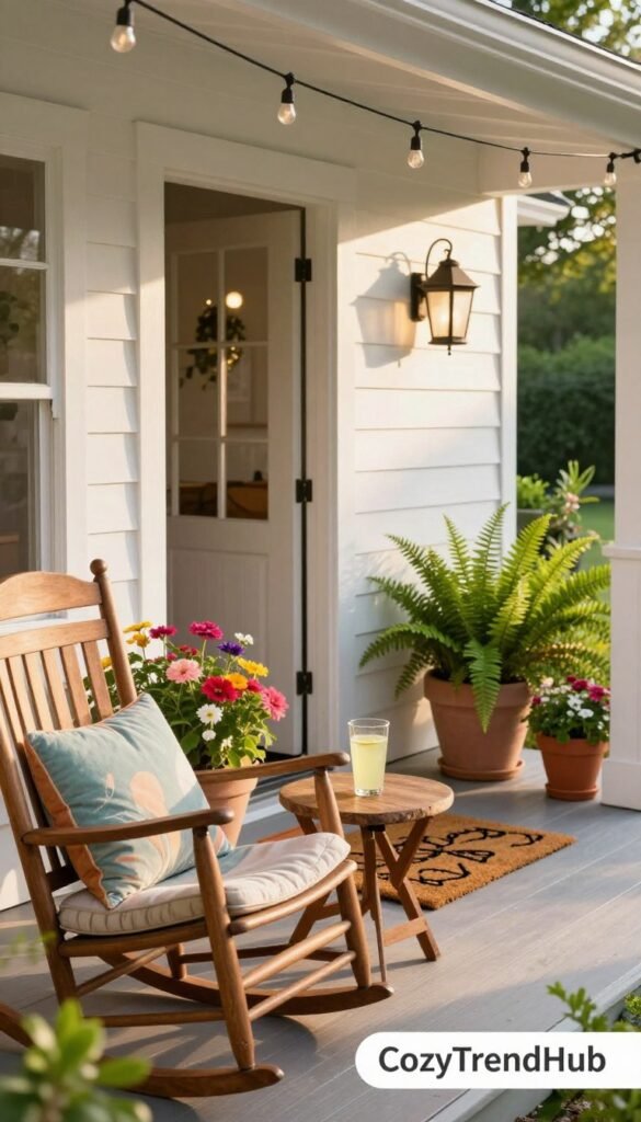 A cozy small porch, designed for a summer atmosphere, showcasing inviting decor. In the foreground, a wooden rocking chair adorned with soft, colorful cushions, and a small rustic side table holding a glass of lemonade. In the middle, vibrant flower pots filled with blooming annuals and lush green ferns frame a charming welcome mat. The background features a quaint, cottage-style entryway with white siding bathed in warm, golden sunlight, creating a bright and cheerful mood. Decorative string lights hang overhead, adding a touch of whimsy. The scene is photographed from a slightly elevated angle to capture the depth and essence of the space, evoking feelings of warmth and relaxation. Ideal for Pinterest-style lifestyle images, branded &ldquo;CozyTrendHub.&rdquo;