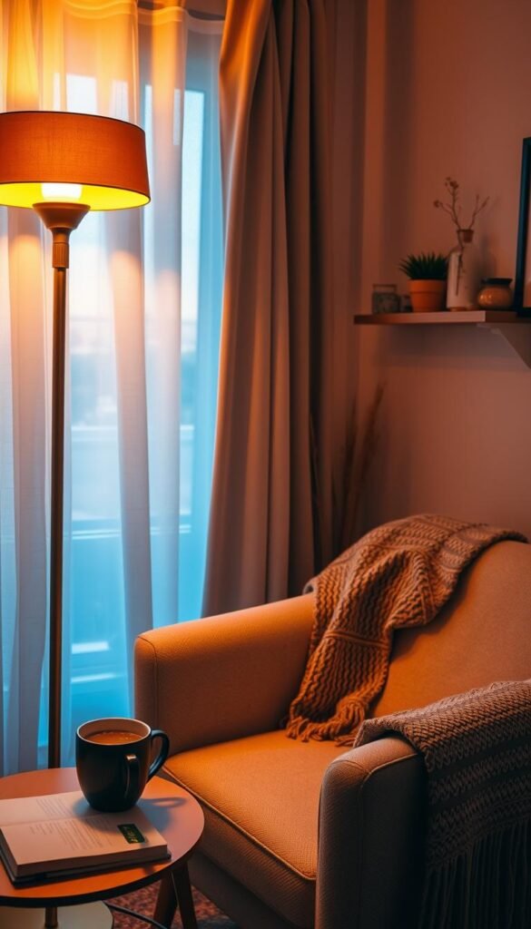 A cozy small room adorned with warm lighting, featuring a stylish floor lamp emitting a golden glow that bathes the space in inviting hues. In the foreground, a plush armchair in a soft, neutral fabric sits near a side table topped with a steaming mug and an open book. In the middle, a tasteful woven throw drapes over the chair, while a small shelf displays curated decorative items. The background features a softly lit window dressed with sheer curtains, allowing gentle light to filter in, enhancing the serene ambiance. The atmosphere conveys comfort and warmth, ideal for relaxation. The scene embodies the essence of 'CozyTrendHub,' showcasing chic decor that promotes a snug, inviting feel in limited spaces. Natural lighting blends seamlessly with the warm artificial light to create a harmonious environment.