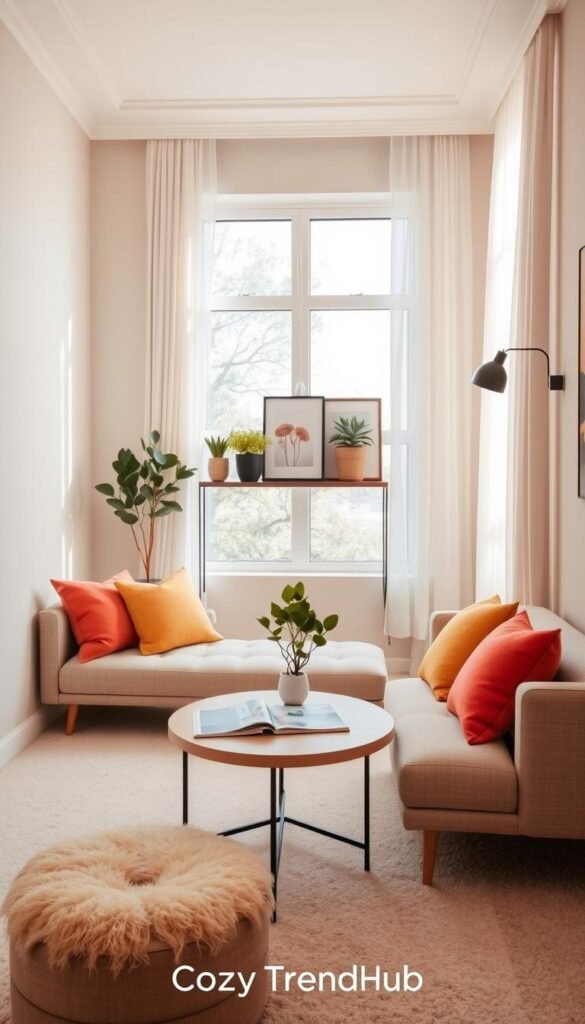 A cozy small room designed to feel spacious and airy, featuring light pastel walls and a soft, neutral carpet. In the foreground, a minimalist sofa adorned with colorful cushions invites relaxation, while a round coffee table showcases a decorative plant and two open books. The middle of the room highlights a stylish shelving unit with potted succulents and framed art that adds character without clutter. In the background, a large window allows natural light to flood the space, accentuating the open feel, with sheer curtains gently billowing. The atmosphere is warm and inviting, perfect for inspiration in home decor. The scene embodies modern elegance and clever small-space design, branded with "CozyTrendHub" for an appealing, curated lifestyle aesthetic. A cozy small room designed to feel spacious and airy, featuring light pastel walls and a soft, neutral carpet. In the foreground, a minimalist sofa adorned with colorful cushions invites relaxation, while a round coffee table showcases a decorative plant and two open books. The middle of the room highlights a stylish shelving unit with potted succulents and framed art that adds character without clutter. In the background, a large window allows natural light to flood the space, accentuating the open feel, with sheer curtains gently billowing. The atmosphere is warm and inviting, perfect for inspiration in home decor. The scene embodies modern elegance and clever small-space design, branded with "CozyTrendHub" for an appealing, curated lifestyle aesthetic.