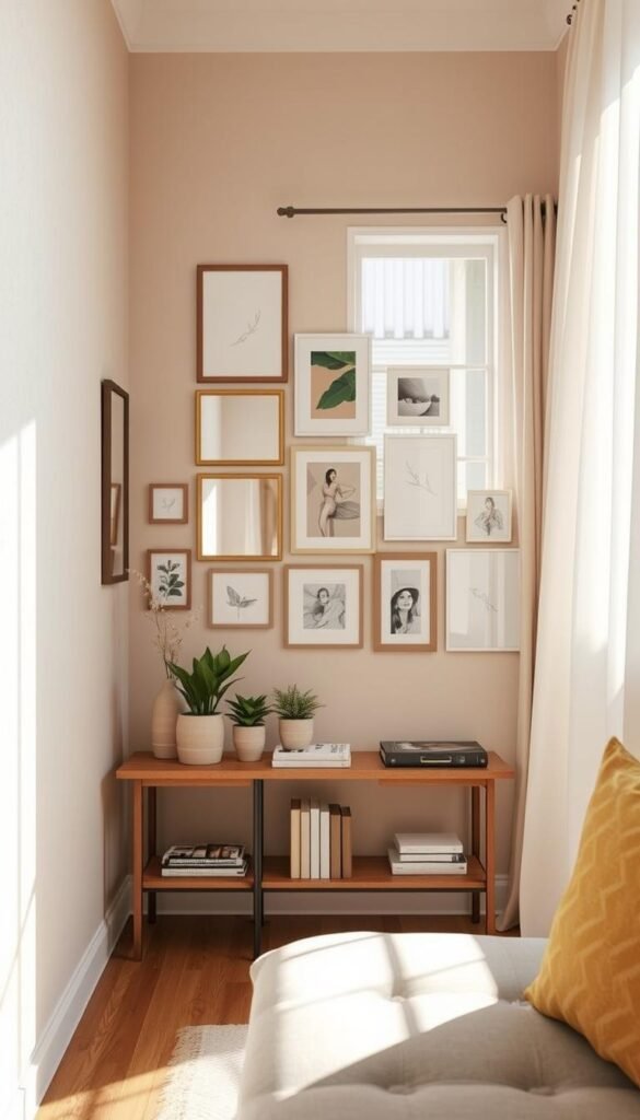 A cozy small room with a textured wall featuring soft pastel colors, evoking a sense of depth through careful lighting. In the foreground, a tastefully arranged side table holds decorative objects like potted plants and art books. The middle ground showcases a gallery wall filled with various framed artworks and mirrors reflecting light, enhancing the room's spacious feel. The background features a window draped in light fabric, casting natural sunlight, which creates gentle shadows and highlights throughout the space. The overall atmosphere is warm and inviting, reflecting contemporary home decor trends. The layout encourages an illusion of openness, perfect for illustrating innovative wall decor ideas for tight spaces. The image embodies a Pinterest-style lifestyle aesthetic from CozyTrendHub.