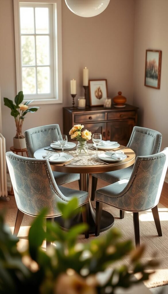 A cozy small-space dining area featuring a stylish round table with four upholstered chairs, arranged to maximize space. The foreground showcases a beautifully set table with elegant tableware, a small vase of fresh flowers, and an intricate tablecloth. In the middle ground, a compact sideboard is adorned with decorative accents such as candles and a fruit bowl, while the background reveals subtle wall art that adds warmth. Soft, natural light filters in from a nearby window, casting gentle shadows and creating a peaceful ambiance. A warm color palette of beige, soft blue, and earthy tones enhances the inviting atmosphere. The scene is captured with a shallow depth of field, inviting the viewer to envision family meals and gatherings. Ideal for busy homes, this image embodies the essence of small-space dining decor that flexes for both weeknights and guests. CozyTrendHub.